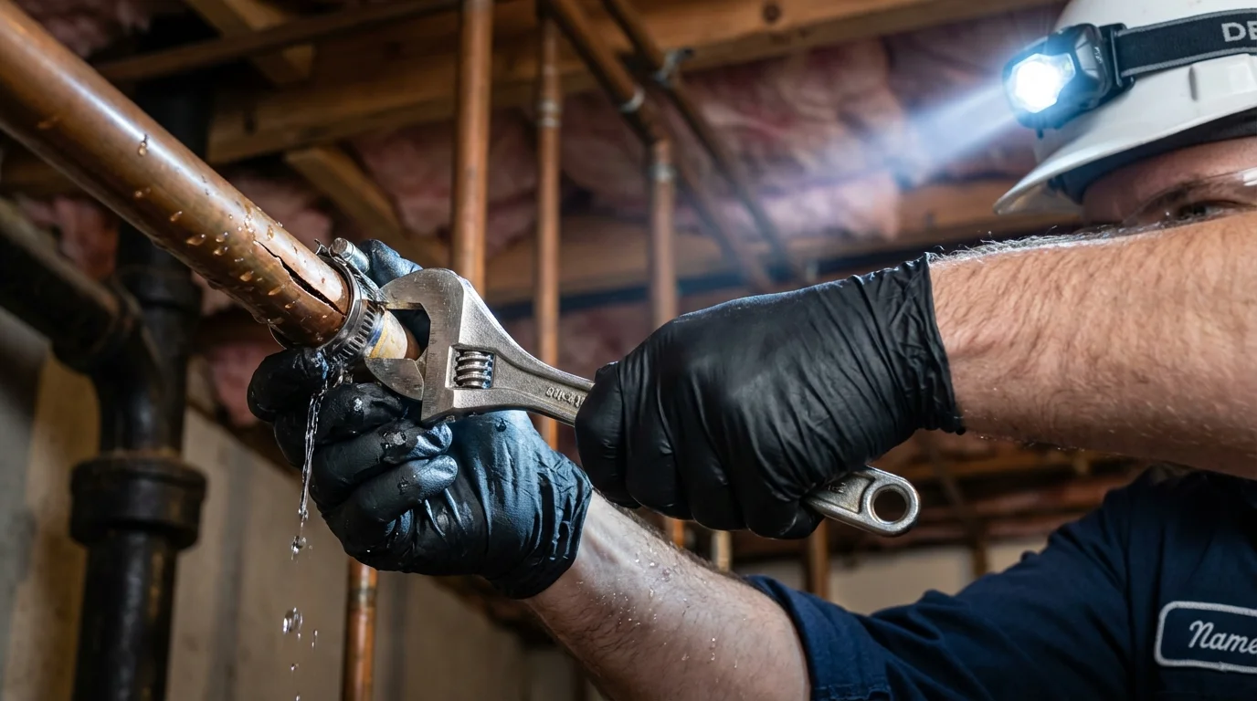 Emergency pipe clamp repair being performed by a Johns Plumbing LLC plumber in Omak